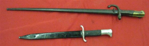 Bayonet and Knife, (A) Bayonet, French, Sabre Type: Bayonet and Knife, (A) Bayonet, French, Sabre Type, Wooden and Brass Hilt with Iron Cross Guard, French Inscription, Dated 1879, Steel Scabbard, 25 7/8'' L, (B) Knife, Side Type, Steel Scabbard, Chrom