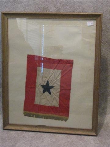 Service Flag, WWI-WWII Era, Red Border, White Fiel: Service Flag, WWI-WWII Era, Red Border, White Field, One Blue Star, Gold Fringe at Bottom, 11 1/4'' H x 8 1/4'' W, Framed, These flags were used during WWI and WWII to represent a family member off at