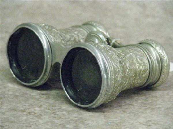 Opera Glasses, 2 Pair, (A) Victorian, Embossed Alum: Opera Glasses, 2 Pair, (A) Victorian, Embossed Aluminum, from Austria-Hungaraian Empire, Late 19th Century, (B) Japanese, 3x Binolux, with Leather Case, Good Cond., Strap Detached from Leather Case bu