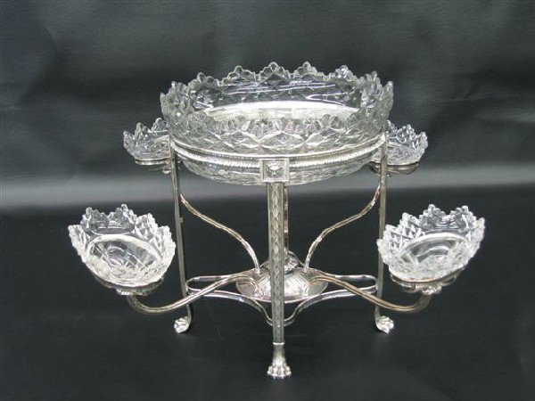 Silver, Plated, Epergne, English, Early 19th Centu: Silver, Plated, Epergne, English, Early 19th Century, Lion's Head Embellishments, Paw Feet, 4 Arm, Central Cut Crystal Bowl Surrounded by 4 Crystal Bowls, 4'' H x 12 1/2'' H x 21 1/4'' Dia., Central B