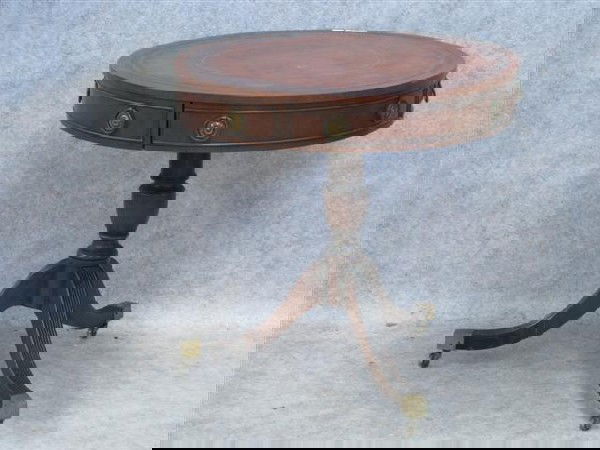 Table, Drum Form, by Kittinger, Single Drawer, Cla: Table, Drum Form, by Kittinger, Single Drawer, Classical Base, Tooled Leather Inset Top, 28'' H x 28'' Dia., $150-$300.