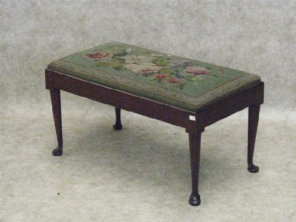 Bench, Mahogany, Pad Feet, Pegged Construction, Ne: Bench, Mahogany, Pad Feet, Pegged Construction, Needlepoint Seat, 19th Century Style, 16 1/4'' H x 30 1/2'' W x 16 1/2'' D, $100-$150.