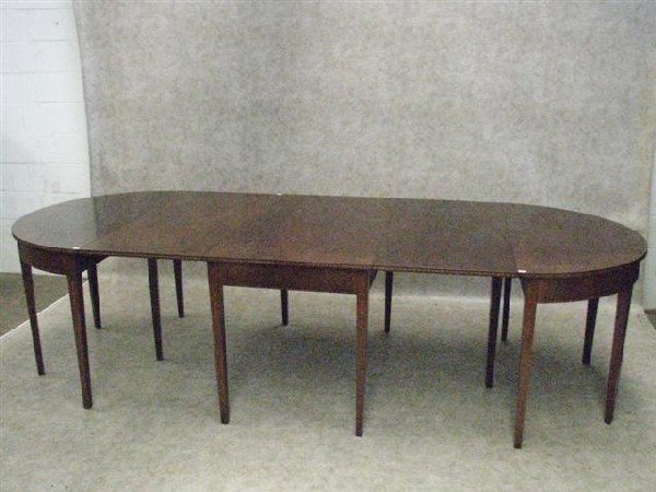Dining Table, Hepplewhite Style, Solid Mahogany, b: Dining Table, Hepplewhite Style, Solid Mahogany, by Sacks Fine Furniture, with Bell Flower and String Inlay, 3 Piece Design, 30 1/4'' H x 117 3/4'' L x 47 3/4'' D, $400-$700