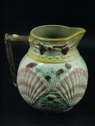 Majolica, Pitcher, Seashell Embellished, 8'' H x 6: Majolica, Pitcher, Seashell Embellished, 8'' H x 6 3/4'' Dia., No Apparent Chips or Repairs, $100-$150.