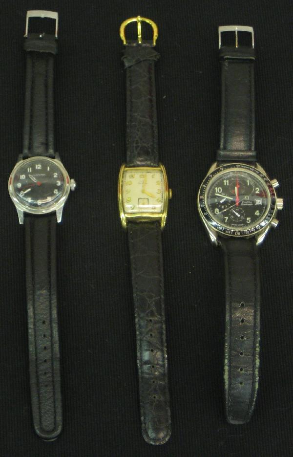 Wrist Watches, 3, Man's, (A) Omega Speedmaster, Mul: Wrist Watches, 3, Man's, (A) Omega Speedmaster, Mulit-function, Serial #55407893, (B) Elgin Deluxe Tank Watch, 1940's, Gold Filled Case, (C) Hamilton, Black Dial, Sweep Second, Possibly Military; Vary