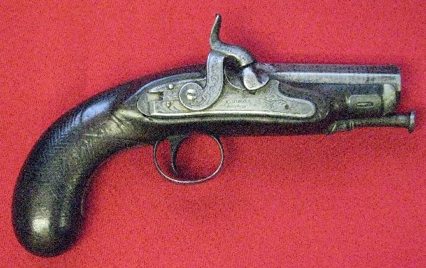 Charles Moore Pistol, Percussion, Approx. .52 cal.: Charles Moore Pistol, Percussion, Approx. .52 cal., 3'' Barrel with Gold Barrel Ring, Barrel Marked ''Charles Moore London'', Lock Marked ''C. Moore London'', Engraving on Lock and Hammer, Overall: 7