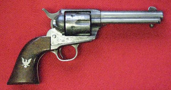 Colt Model 1873 Single Action Army Revolver, Seria: Colt Model 1873 Single Action Army Revolver, Serial #5856, .45 Long Colt cal., 4 7/8'' Barrel, Framed Marked ''U.S.'' and ''Pat. Sept. 19, 1871/Pat. July 2, 1872'', Built Ca. 1874-1875, Period Silvere