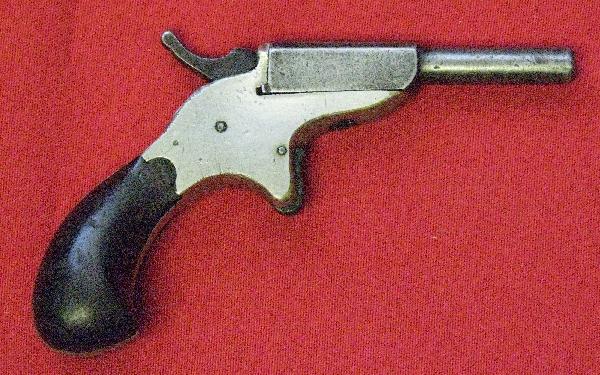 Derringer Pistol, Approx. .22 cal., 2 5/8'' Side S: Derringer Pistol, Approx. .22 cal., 2 5/8'' Side Swing Barrel, Overall: 5'' L, Unmarked but Similar to a Forehand & Wadsworth, Nickel Plated Brass Frame, Barrel does not Lock in Position, $75-$150.