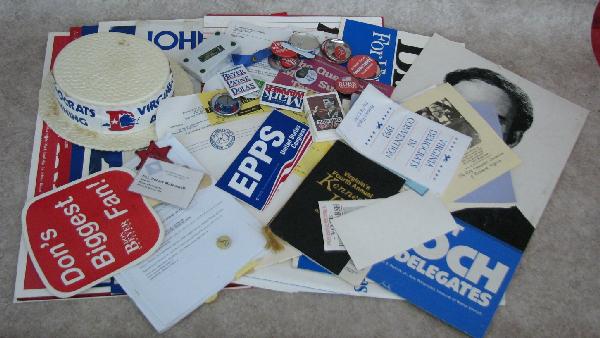 Ephemera, Virginia Democratic Political Items, App: Ephemera, Virginia Democratic Political Items, Approx. 75 Pieces, Incl. Campaign Posters from the 1970's-1980's, Various Campaign Buttons, Hats, Etc., $75-$125.