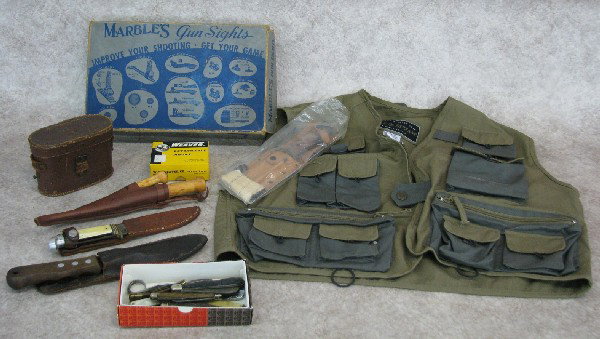 Sporting Goods, Estate Lot, Incl. Approx. 14 Pocke: Sporting Goods, Estate Lot, Incl. Approx. 14 Pocket and Other Knives, Early Binoculars, Gun Sights, Gun Case, Fisherman's Vest, Selection of Gun Parts - Mostly Sights, $75-$100.