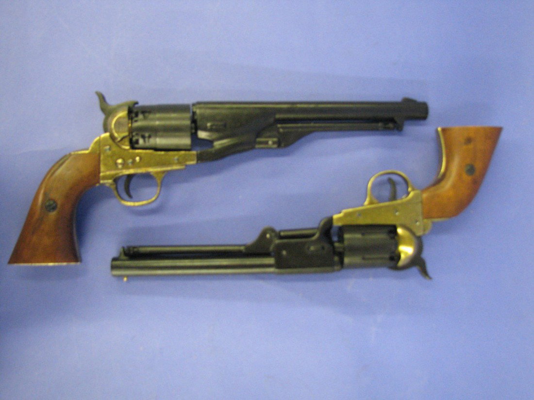 Pistols, Model 1860 Colt, Non-Firing Replicas: Pistols, Pair, Non-Firing Replicas, Made in Spain, by Denix, (A) Civil War Era, Model 1860 Colt Army Pistol, 14 1/2'' Long, (B) Navy 1860, 13'' Long.