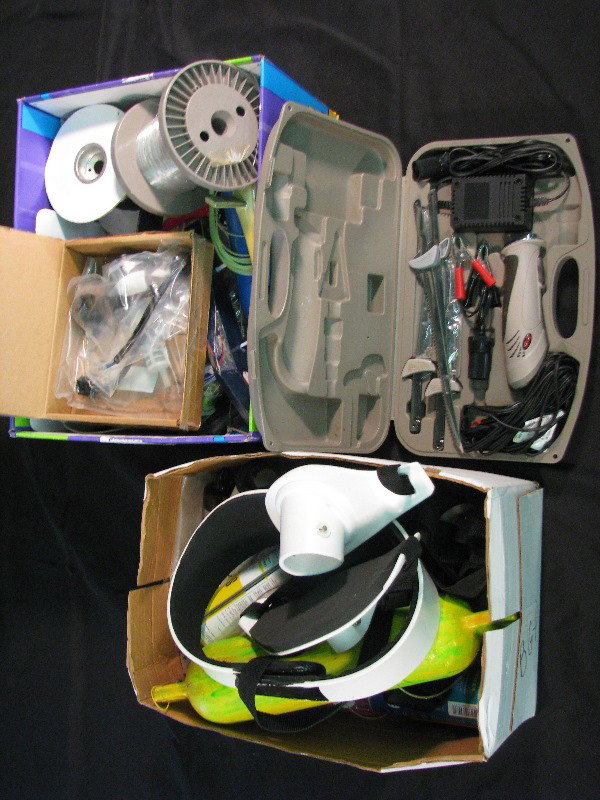 Offshore Fishing Gear including Belts and Reels: Fishing Gear, Offshore, including 3 Fighting Belts, Fishing Lures, Rolls of Fishing Line, 2 Penn Fishing Reels, and a Rapala Electric Filet Knife.
