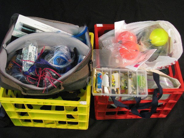 Fishing Gear, Fresh and Salt Water Baits: Fresh and Salt Water Fishing Baits, 2 Crates, Filled with Tote Bags, etc.