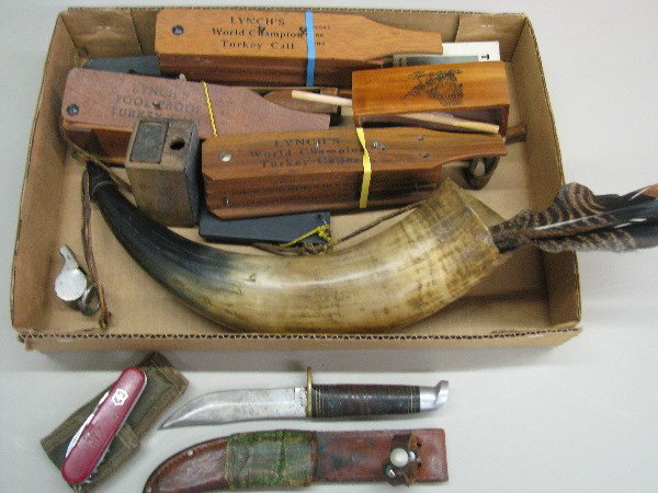 Hunting Paraphernalia, Including Calls and Knives: Turkey Calls and Knives, including (A) Lynch's Box Calls, Rhodes Turkey Call, and Several Homemade Slate Calls, (B) Knives, 2, including Camillus Skinning Knife and Swiss Army Knife.