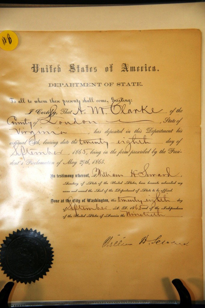 Document, Signed by William Seward: Appointment to A.M. Clarke, County of Loudoun, Signed by William Seward, Secretary of State, September 29, 1865. $50-100