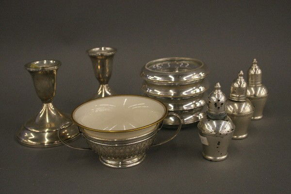 Sterling Silver, 10 Pieces: Silver, Sterling, 10 Pieces, Candle Holders, 4 Coasters, Salts and 1 Cream Soup, Not Weighed.