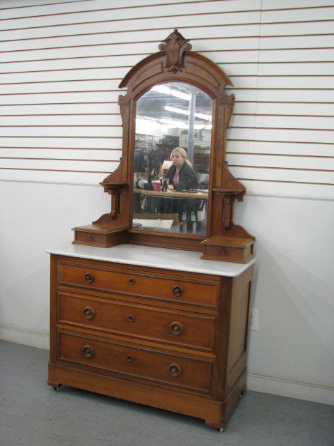 Dresser, Victorian, Ca 1870: Dresser, Victorian, Ca 1870, Walnut, Marble Top, Three Drawers and Two Glove Drawers, 2 Candle Shelves, 86" H x 43 3/4" W x 21" D.