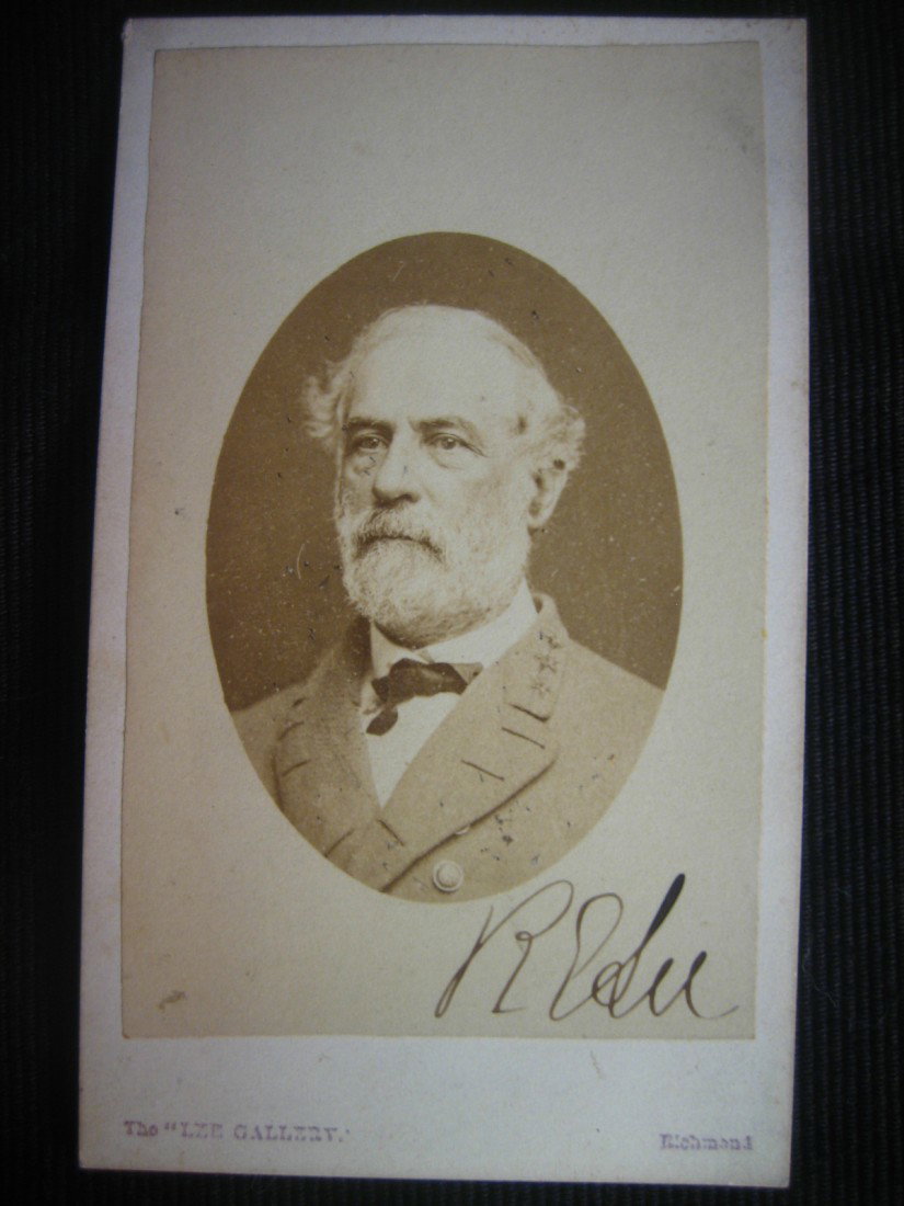 Carte-de-visite, General Robert E. Lee, signed by: Carte-de-visite (CDV), General Robert E. Lee, with Signature ''R E Lee'', by The Lee Photographic Gallery, 920 Main Street, Over The Richmond Musical Exchange, John W. Davies, Authenticated by Benjami