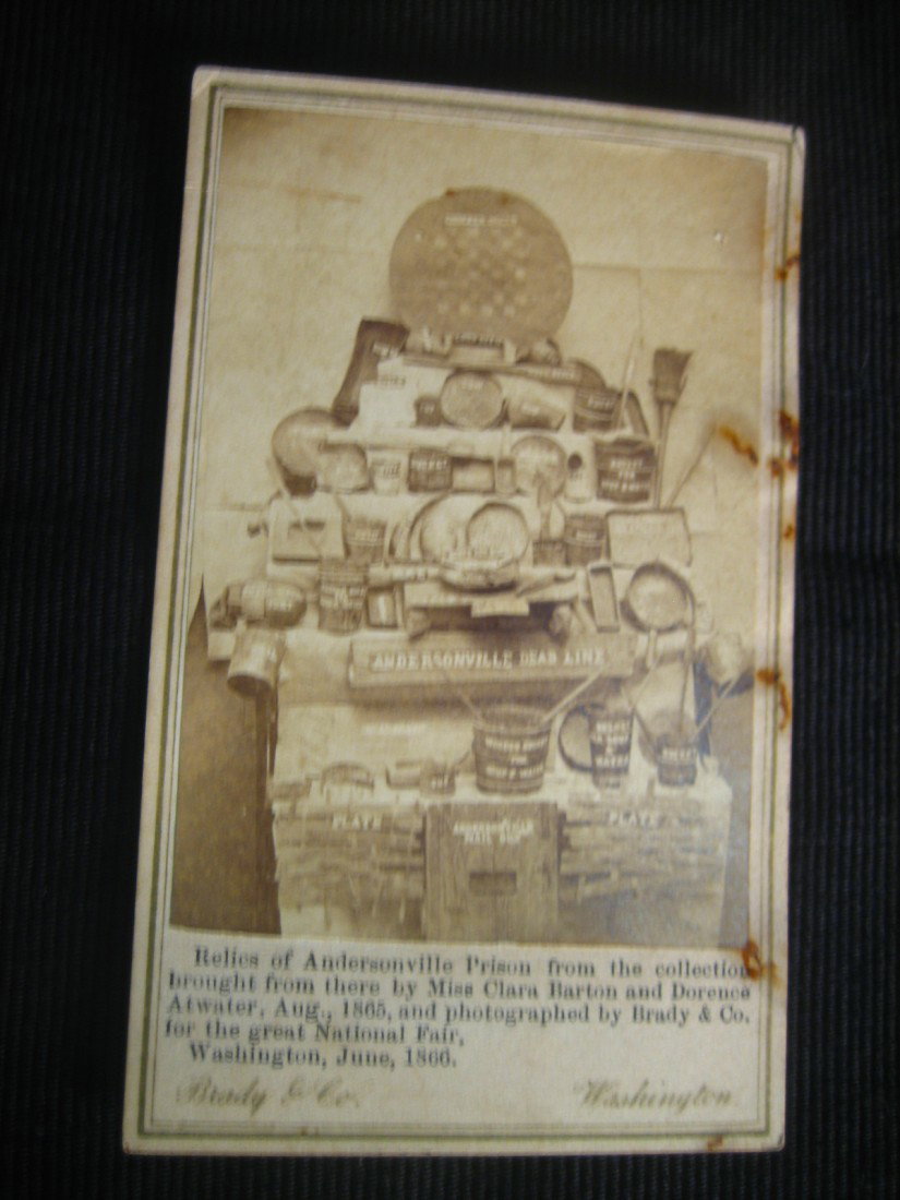 Carte-de-visite of Relics - Andersonville Prison: Carte-de-visite (CDV) of Relics from Andersonville Prison from the Collection of Clara Barton and Photographed by Matthew Brady (M. B. Brady & Co.), for the great National Fair, Authenticated by Benja
