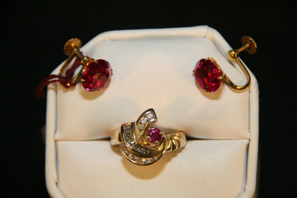 Earrings with Lady's Fashion Gold Ring: Jewelry, 2 Pieces, (A) One pair of yellow gold and synthetic ruby screw-back earrings, stamped 585. Each earring is set with a 9mm round faceted synthetic ruby, Earrings Weigh 2.3 dwt. (B) one lady's