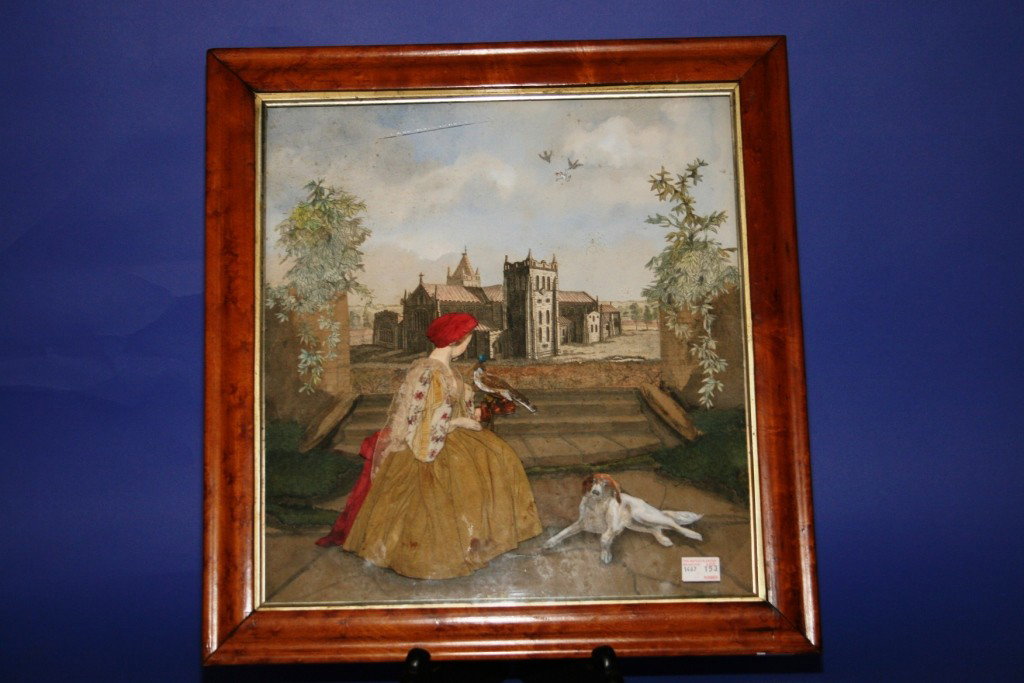 English Diorama, Late 19th Century: Diorama, English, Late 19th Century, Decoration Includes Cathedral and Seated Lady with Hooded Falcon and Hound, 18'' H x 17'' W.