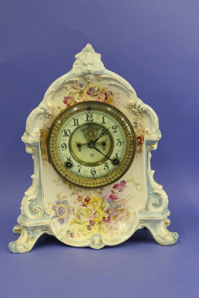 Ansonia Clock, Cleydael Plantation : Clock, Ansonia, Visible Escapement, Porcelain Dial, Royal Bonn Case, from Cleydael Plantation.