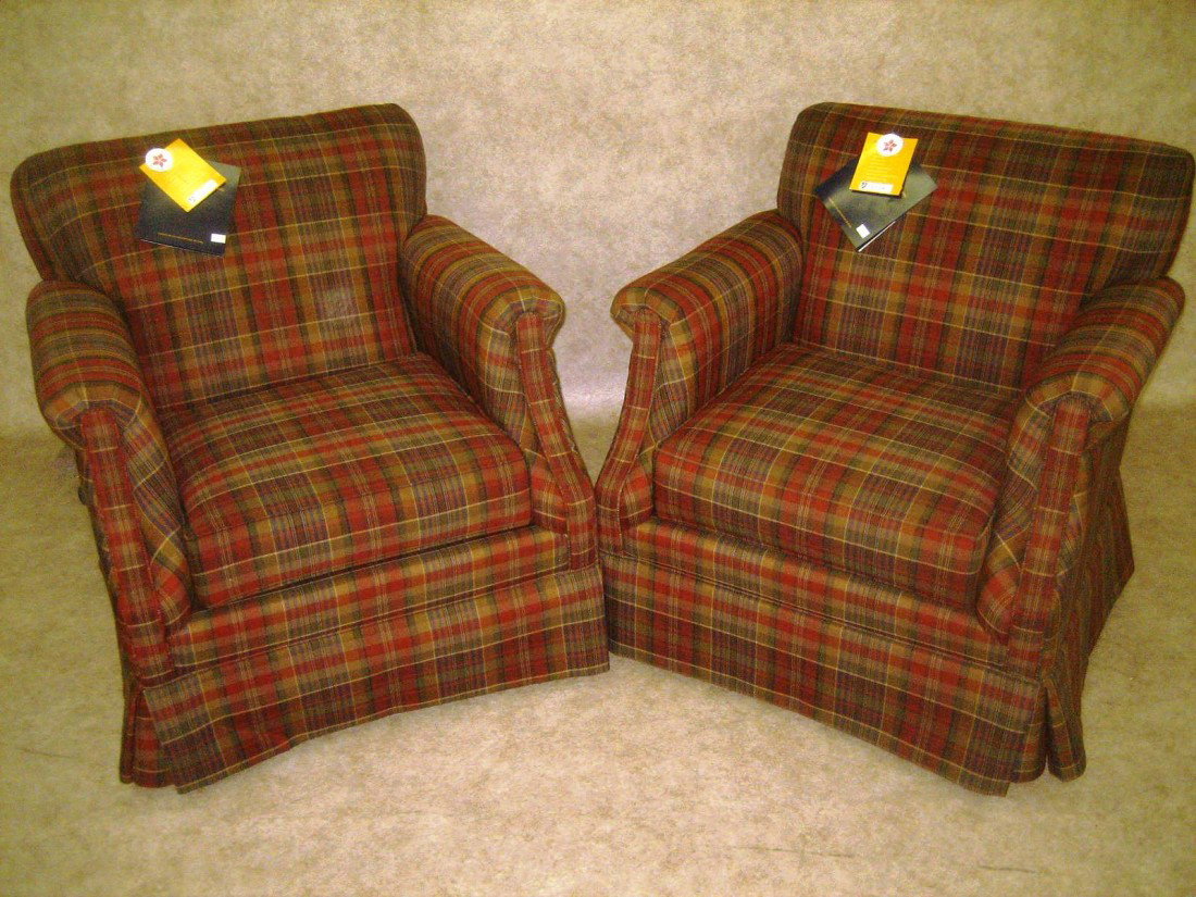Pair of Club Form Chairs: Chairs, Pair, Club Form, Plaid Upholstery, by Lancer, 35'' H x 35'' W.