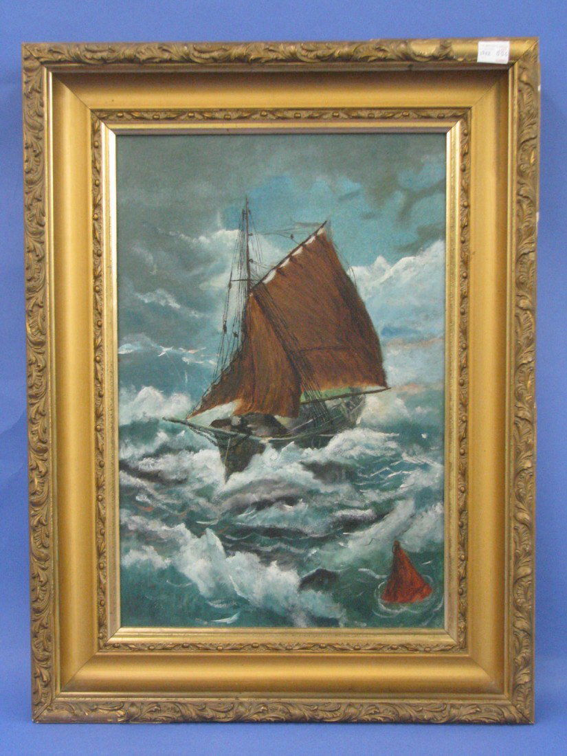 Framed Oil on Canvas, Sailing Ship in Storm: Art, Nautical, Oil on Canvas, Sailing Ship in Storm, Gilt Gesso Frame.