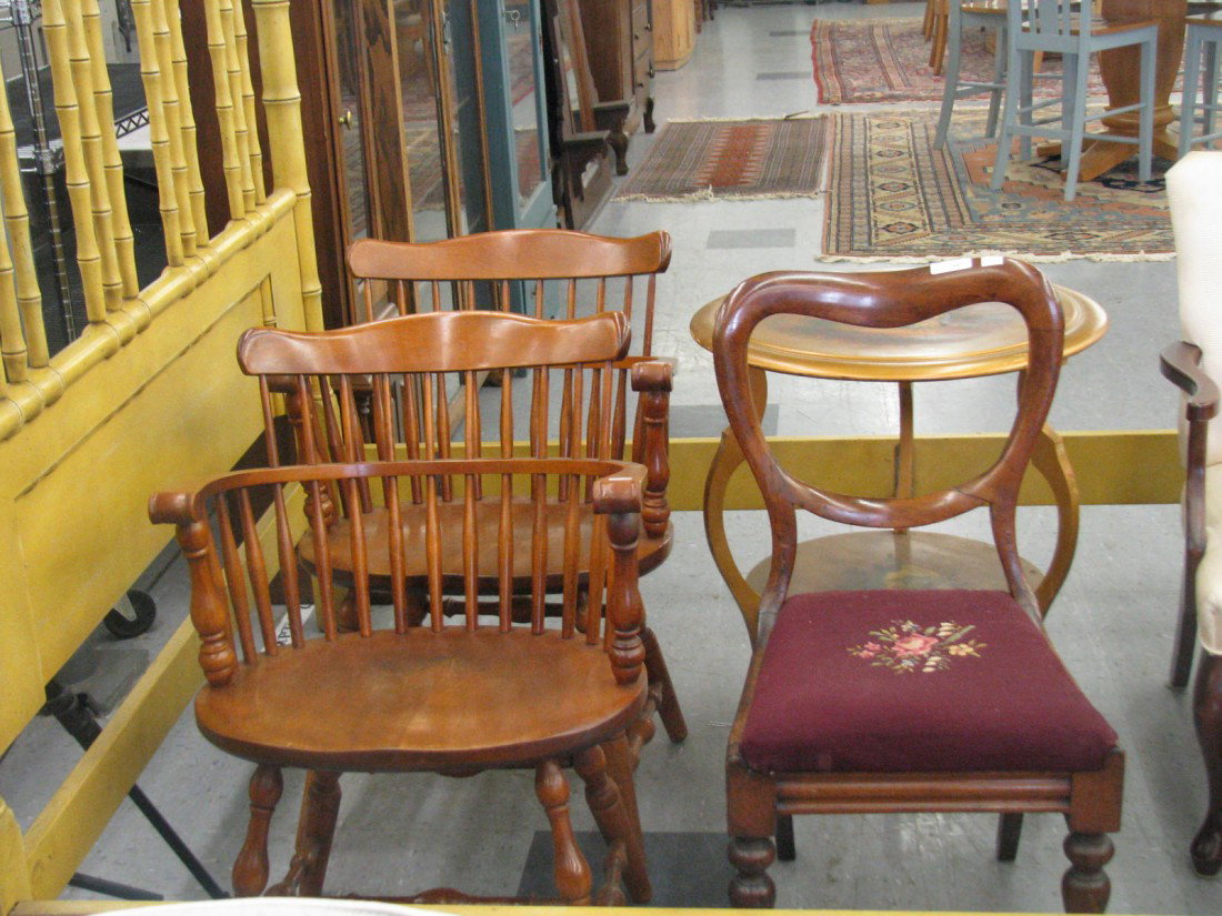 Furniture, 4 Pieces: Furniture, 4 Pieces, (A) Pair of Maple Windsor Style Chairs, Mid to Late 20th Century, 21 3/4'' H X 22 3/4'' W x 20'' D, (B) Lamp Table, Gold Tone Painted Finish, Classical Painted Scene 28 1/2'' H X 