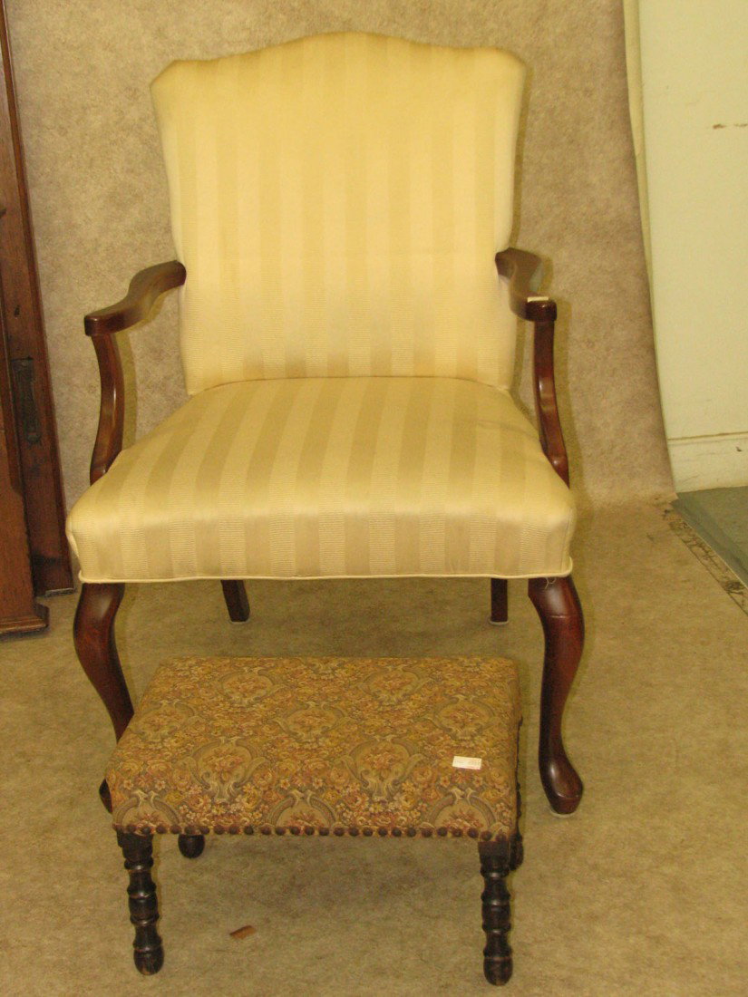 Furniture, 2 Pieces: Furniture, 2 Pieces, (A) Queen Anne Style Open Arm Chair, (B) Upholstered Footstool.