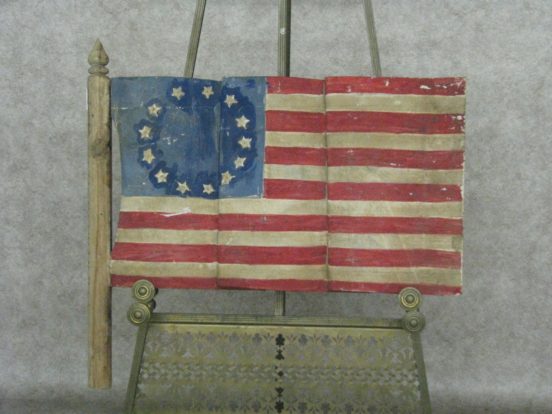 Wooden 13-Star American Flag Plaque: American Flag Hanging Plaque, Wooden, Flag 18 1/2'' H x 30'' W, Post 30 1/2''.