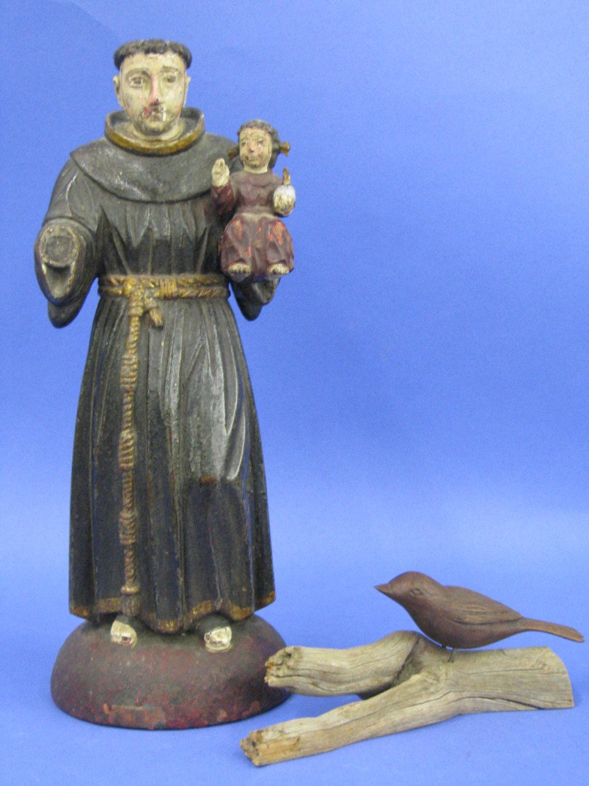 Monk w/Child and Bird on Tree Branch Wooden Figuri: Wooden Figurines, 2, (A) Monk with Child (Missing a Hand), (B) Bird on Tree Branch, Signed ''M. F. Harter, Wichita Kansas, 1982.''
