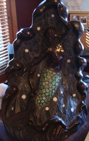 Rochelle Mermaid Lamp: Beautiful Mermaid lamp by Rochelle from the 20s & 30s, features bronze and Tiffany style Chicago glass . One of a kind, very gorgeous lite up. Weighs about 110lbs, dimensions are about 27x16x10
