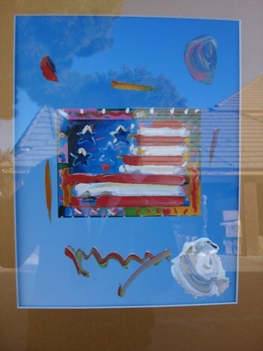 ORIGINAL Peter Max Acrylic on Paper Mixed Media "F: ORIGINAL Peter Max Acrylic on Paper Mixed Media "Flag with Hearts", comes with current COA