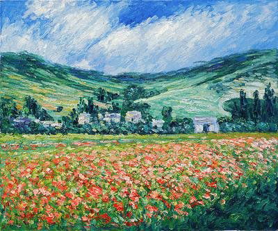 Sgd Ltd Ed Oil "Poppy Field near Giverny" Monet: Signed Limited Edition Oil on Canvas attributed to Claude Monet; it has been hand embellished by authorized artist, comes with COA. 20x24 canvas. Hand painted oil reproduction of a famous Monet painti