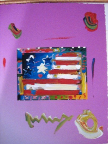 ORIGINAL Mixed Media by Peter Max - Flag Heart: Original Mixed Media by Peter Max, titled "Flag with Heart" unframed, frame at an additional cost comes with COA 14x9 Artist Peter Max was born in Berlin and spent his childhood in Shanghai. From Chin