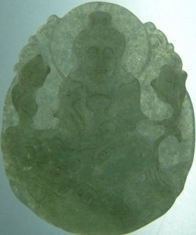 Real Jade Kwanyin Pendant: This pendant is made from one solid piece of jadeite, which is hard and transparent. There is a hold on top of the pendant for you to put a string or necklace. Size: Wide: 1 3/4". High: 2". (D27-7)