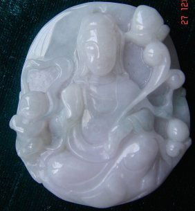 Lavender Jade Kwanyin Pendant: This pendant is made of LAVENDER JADE. All hand carved from one solid piece of jade. It is transparent. Kwanyin is the famous female god in China, who is believed to bring you the peaceful world in he