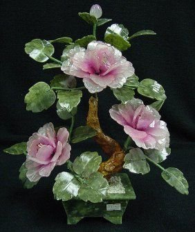 Pink Jade Bonsai Flowers: This flower is made of REAL jade. The leaves are made of Taiwan jade, dark green, as well as the pot. The branches can be bend over, so you can adjust it the way you like. Size: L: 12", W: 8", H: 13".