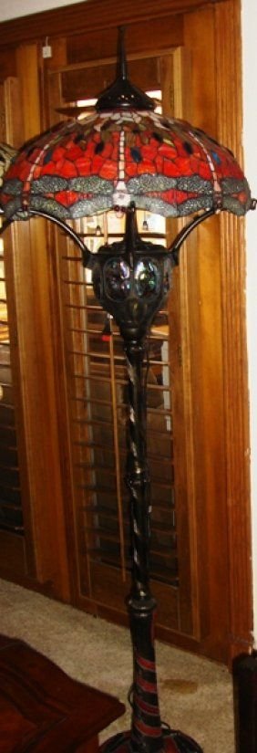 Tiffany Style Red Dragonfly Floor Lamp: Tiffany Style Red Dragonfly Mosiac Turtle back jeweled with high stem floor lamp. Dimensions are 72x23x13.