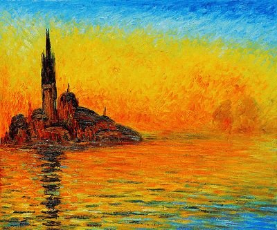 Monet - San Giorgio Maggiore by Twilight: 20" X 24" Hand Painted limited edition Oil on Canvas of a famous Monet painting, San Giorgio Maggiore by Twilight. The original was created in 1908 and depicts a view of the San Georgio monastery isla