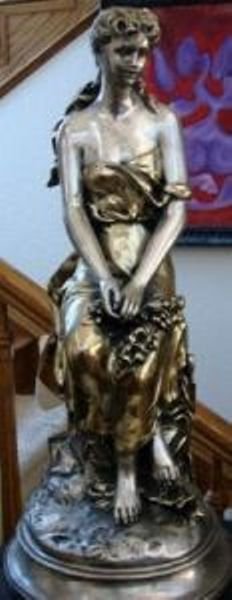 Bronze Maiden Sculpture by Moreau: Beauitful bronze maiden sculpture by Moreau. Dimensions are about 28x12x9 Silver & Gold Patina
