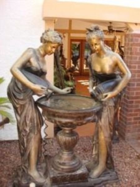 Bronze Sisters Fountain by Moreau: Bronze Sisters Fountain by Moreau, fountain is pre plumbed, dimensions are about 6ftx3ft