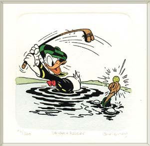 Licensed Disney Ltd. Ed. Hand Colored Etching: Licensed Disney Ltd. Ed. Hand Colored Etching, Donald Golfing beautifully framed in a black framed and comes with COA (1011c)