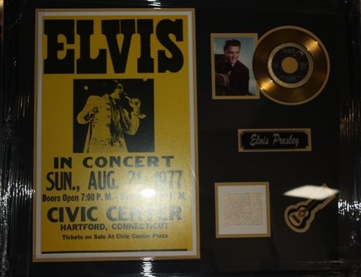 Elvis Presley Concert Gold Record Collage: Elvis Presley Concert Gold Record Collage. Gold record is licensed and gold plated. Small guitar is not operable. All hand assembled and licensed. Beautifully framed and comes with COA