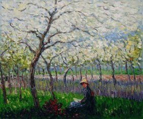 Monet "An Orchard in Spring" 20x24 Signed Ltd Ed O: 20x24 Signed Limited Edition Oil on canvas attributed to Claude Monet; it has been hand embellished by authorized artist. Hand painted oil reproduction of a famous Monet painting, An Orchard in Spring