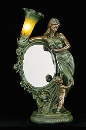 Lady with Mirror Table Lamp: Ref# 11498 Lady with Mirror Lamp - Bronze Finish Base with Single Lily Shade