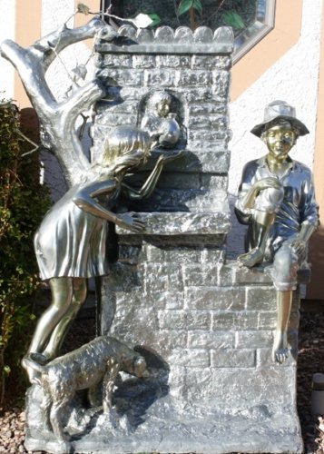 Silver Gold Bronze Hanzel & Grettle Fountain by Mor: Silver and Gold patina Bronze Hanzel & Grettle Fountain by Moreau, fountain is pre plumbed, dimensions are about 63x40x25