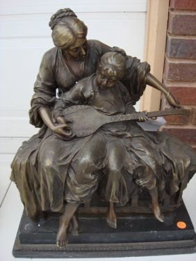 Bronze Mother & Child Playing Music by Moreau: Bronze Mother & Child Playing Music by Moreau, dimensions are about 20x16x7