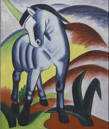 Blue Horse I - Monaco: Blue Horse I - Monaco is a handmade oil painting inspired by the style of Franz Marc. It would make a wonderful gift for anyone who loves horses. Painting comes with a Certificate of Authenticity. Unf